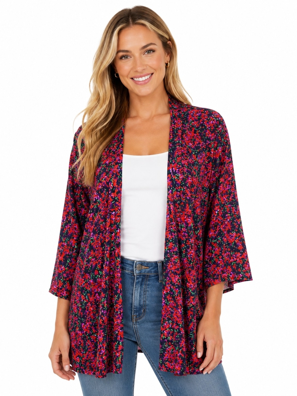LuLaRoe Floral Open-Front Cardigan in Fuchsia, Navy & Green